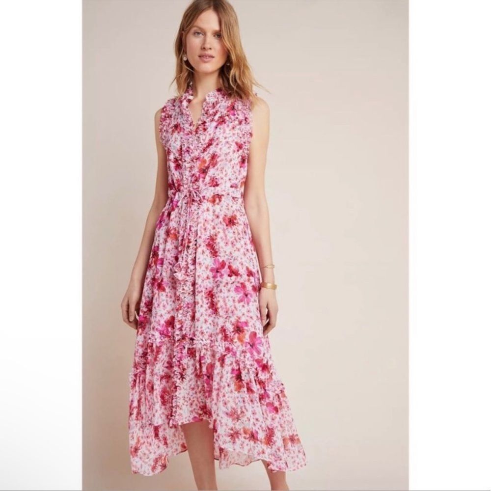 Misa Los Angeles Aurelie Pink Floral Ruffle Button Front Midi Dress